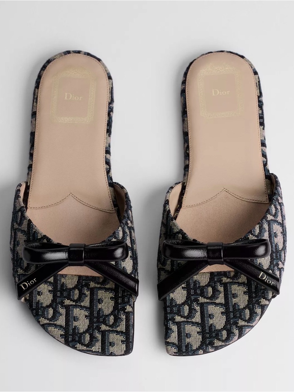 Dior Navy and Beige Jacquard Bow Slide Sandals